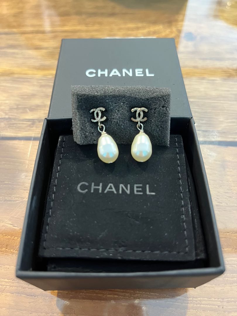 Chanel Silver Crystal CC Faux Pearl Drop Earrings