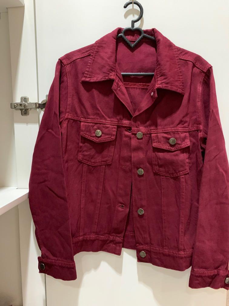 Denim Red Maroon Jacket, Fesyen Wanita 