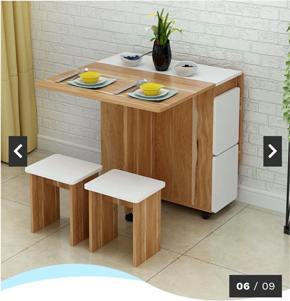 Foldable Dining Table (Category: Tables & Sets) located in Quezon City. Submitted by vylalvyl (Listing ID 1142433088, Image 3). Description: High quality wood materials used Dinning table with four chairs set Double folding, thickened plate, and stable support The expansion can be used for 4-6 people Practical space-saving, not spacious Double layer racks for plates, bowls, or any small objects With universal wheel design for free movement and ea