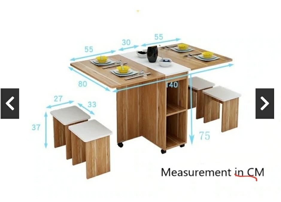 Foldable Dining Table (Category: Tables & Sets) located in Quezon City. Submitted by vylalvyl (Listing ID 1142433088, Image 2). Description: High quality wood materials used Dinning table with four chairs set Double folding, thickened plate, and stable support The expansion can be used for 4-6 people Practical space-saving, not spacious Double layer racks for plates, bowls, or any small objects With universal wheel design for free movement and ea