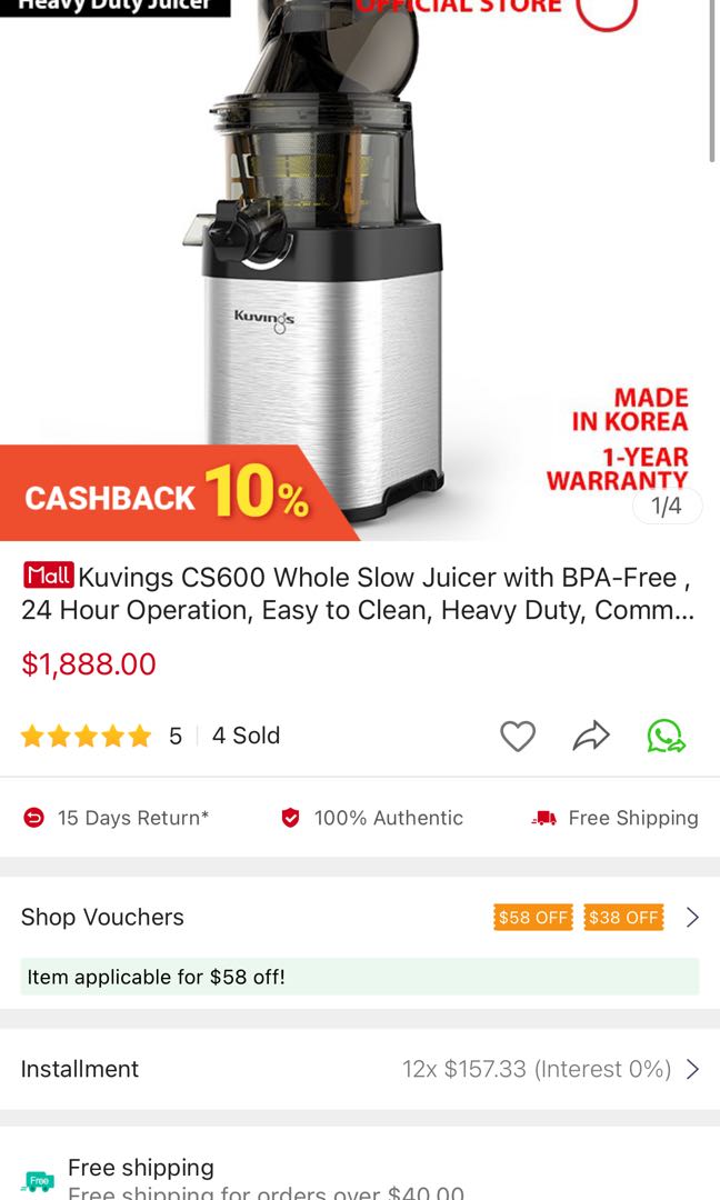 Kuvings CS600 commercial juicer 24 hours, TV & Home Appliances, Kitchen