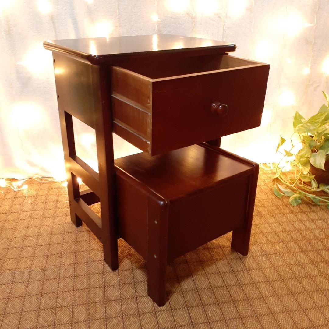 Multipurpose wooden step stool side table drawer pull out
