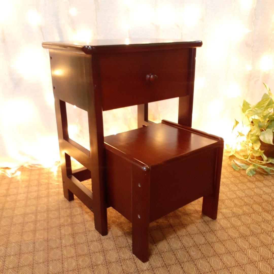 Multipurpose wooden step stool side table drawer pull out