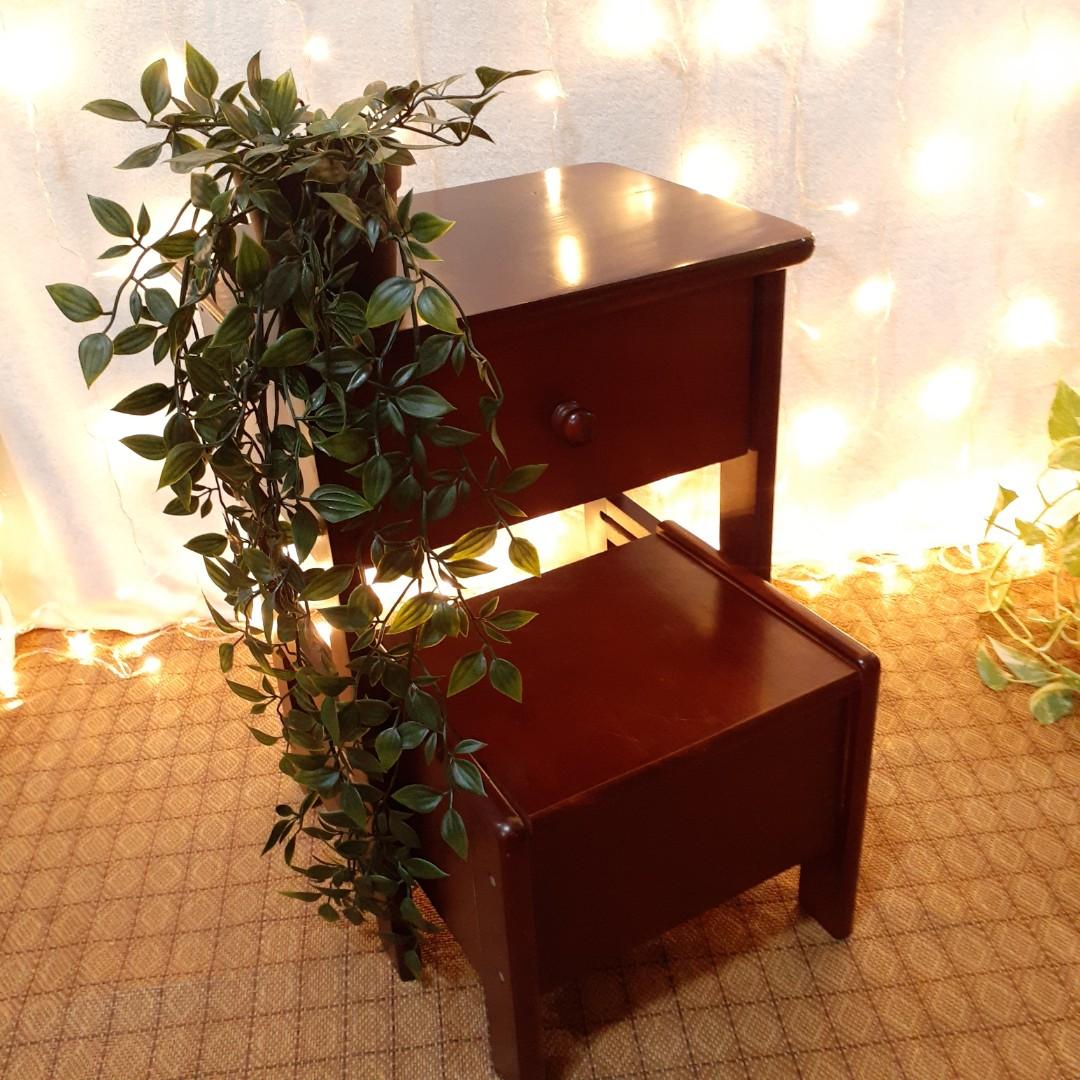 Multipurpose wooden step stool side table drawer pull out