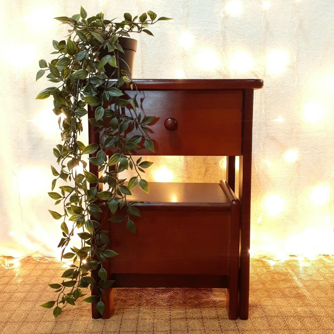 Multipurpose wooden step stool side table drawer pull out