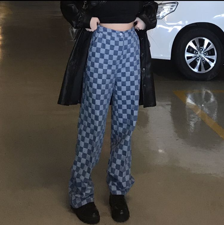 jual rugi* nett Pomelo High Waist Checkered Jeans, Fesyen Wanita