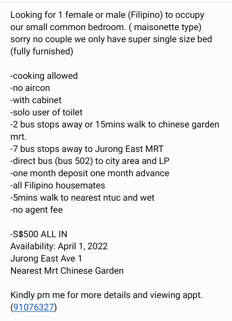 Room for Rent (Jurong East Avenue 1) For Filipino, Property, Rentals