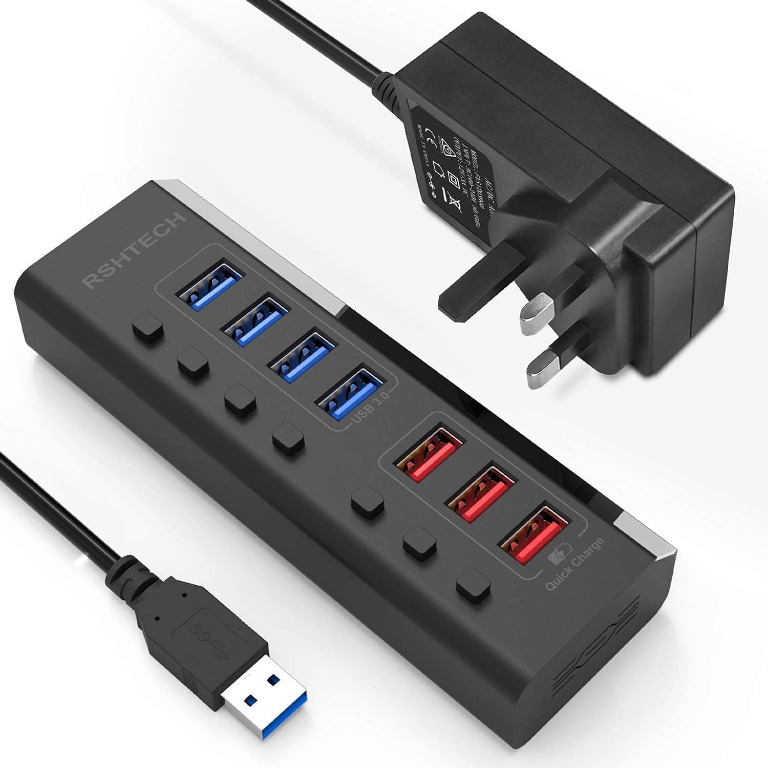 RSHTECH Powered USB Hub 7 Port USB 3 Hub Extension (4 USB 3.0 Data Port ...