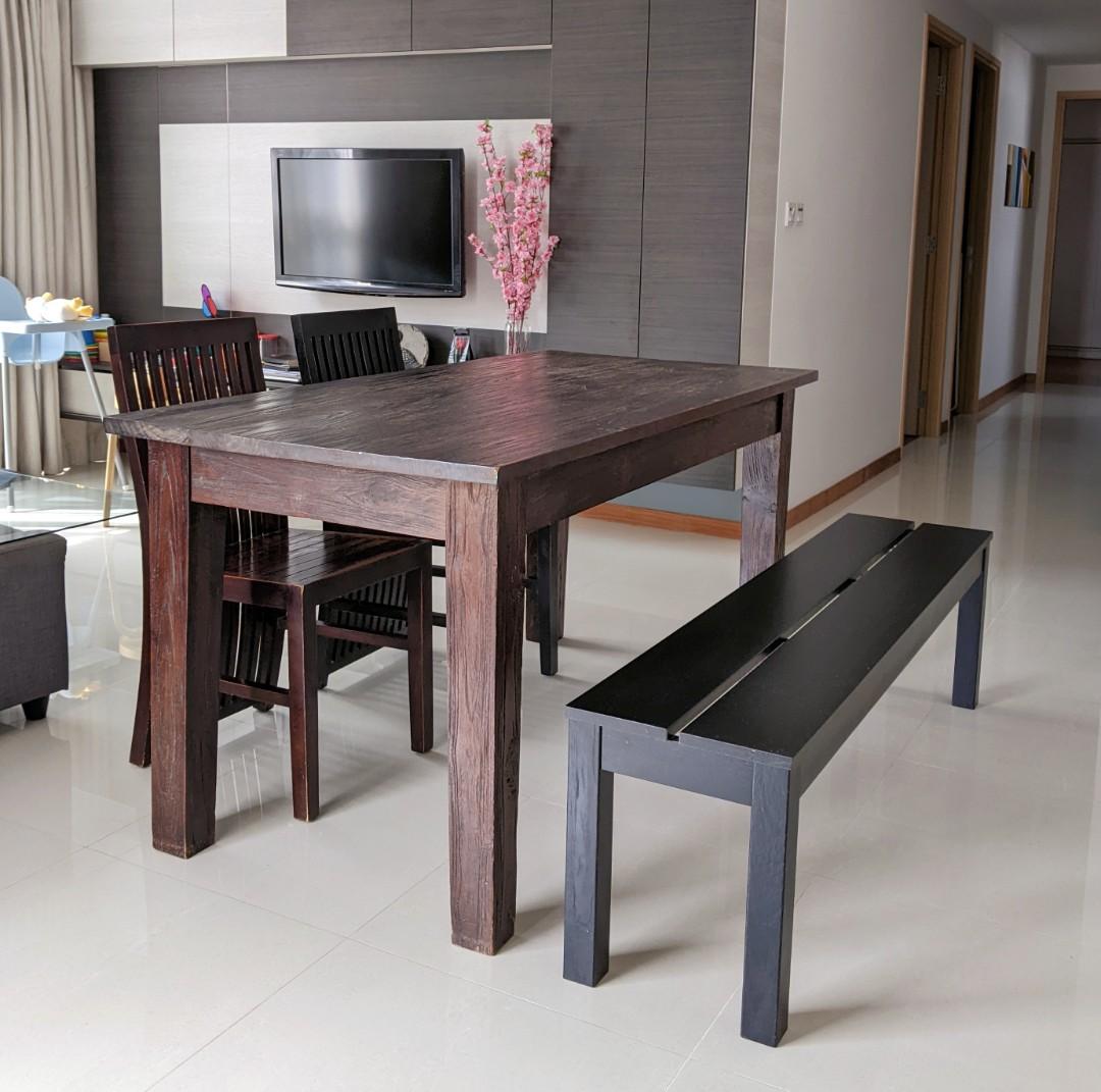 Solid Wood Dining Table (Category: Tables & Sets) located in Singapore. Submitted by tictactoe422 (Listing ID 1142459592, Image 1). Description: Selling my pre-loved solid wood dining table: - dimension 160x80x81cm - natural wood grain - table legs can be dismantled - price inclusive of 4 chairs and a glass for the table top - a matching bench (158x36x44cm) to be sold separately ($70) Need to arrange your own movers..