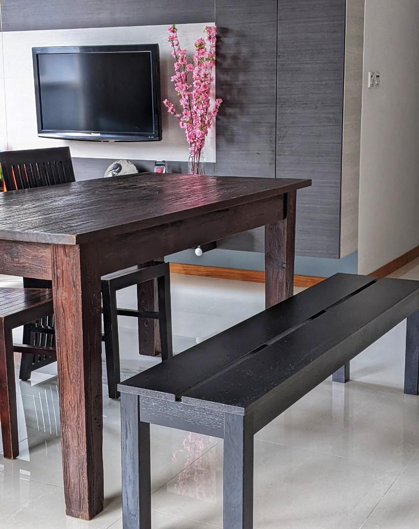 Solid Wood Dining Table (Category: Tables & Sets) located in Singapore. Submitted by tictactoe422 (Listing ID 1142459592, Image 2). Description: Selling my pre-loved solid wood dining table: - dimension 160x80x81cm - natural wood grain - table legs can be dismantled - price inclusive of 4 chairs and a glass for the table top - a matching bench (158x36x44cm) to be sold separately ($70) Need to arrange your own movers..