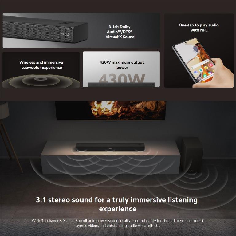 Xiaomi Soundbar 3.1ch Dolby Audio DTS Virtual X Sound 430W Maximum Output Power With Wireless and Immersive Subwoofer Experience Original Xiaomi