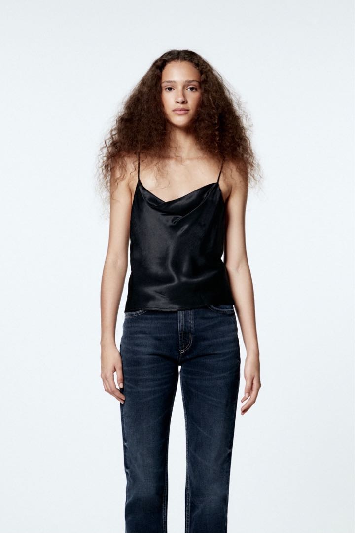 Zara black satin top, Women's Fashion, Tops, Sleeveless on Carousell