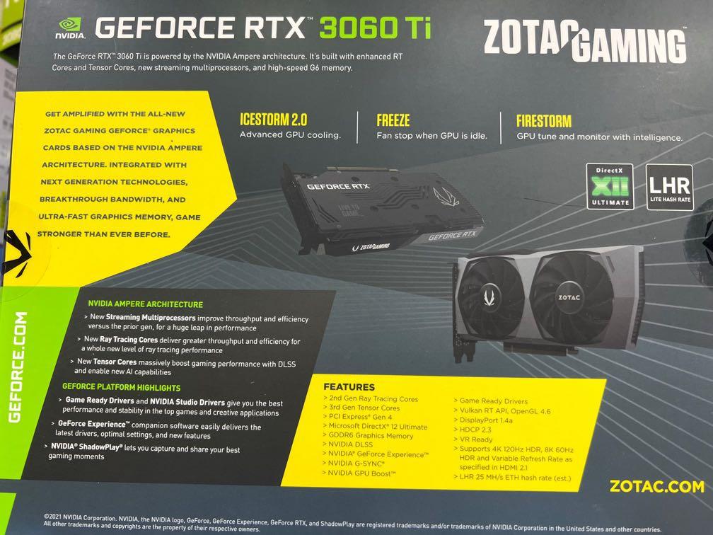 ZOTAC GAMING GeForce RTX 3060 Ti Twin Edge OC 8G 顯示卡(LHR), 電腦