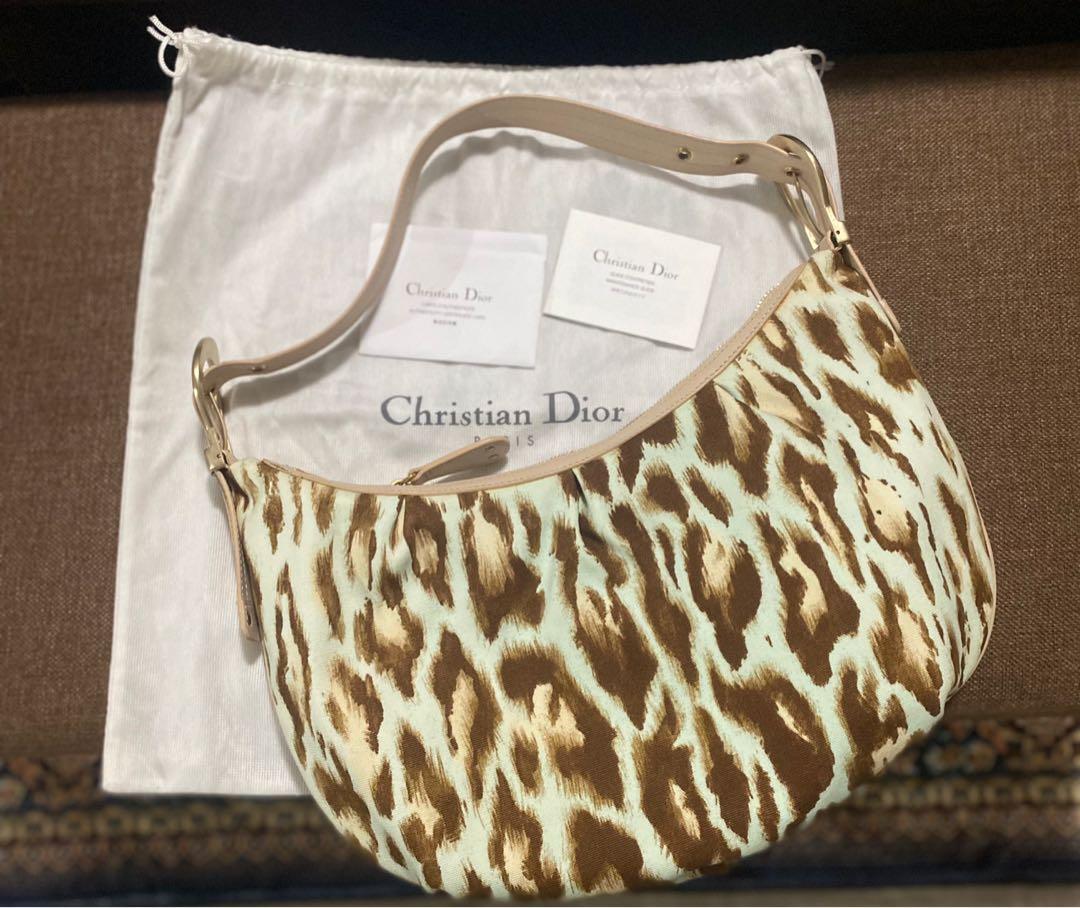 Authentic Dior Mint Green Leopard Canvas Shoulder Bag