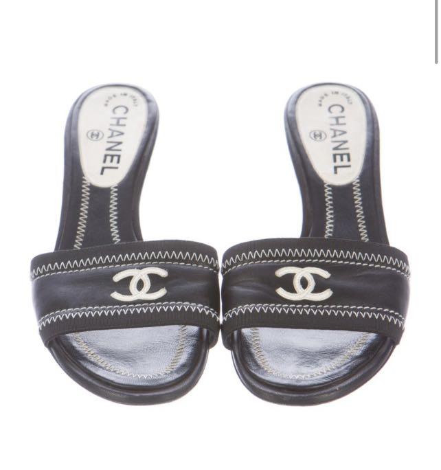 Chanel CC Leather Slide Sandal size 7 black, Women's Fashion, Footwear,  Heels on Carousell