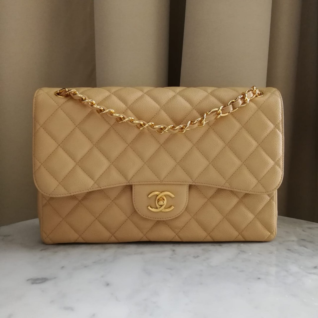 Chanel Jumbo Caviar Beige, Fesyen Wanita, Tas & Dompet di Carousell