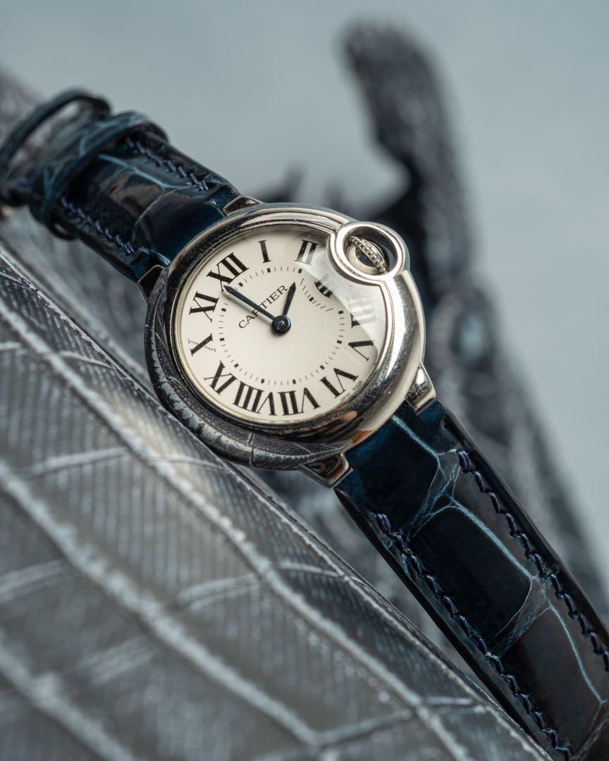 Handmade Handstitched Watch Strap In Peacock Blue Crocodile Leather For Client s Ballon Bleu de Cartier Watch