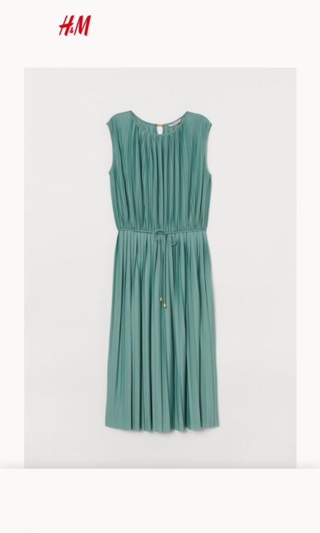 h&m pleated dress green Sage Green Slip Dress - Satin Midi Dress Minimalist Style main image 1