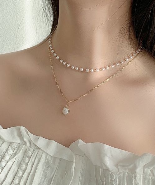 Korean Style Pretty Aesthetic Gold Silver Pearl Double Layer Necklace PO