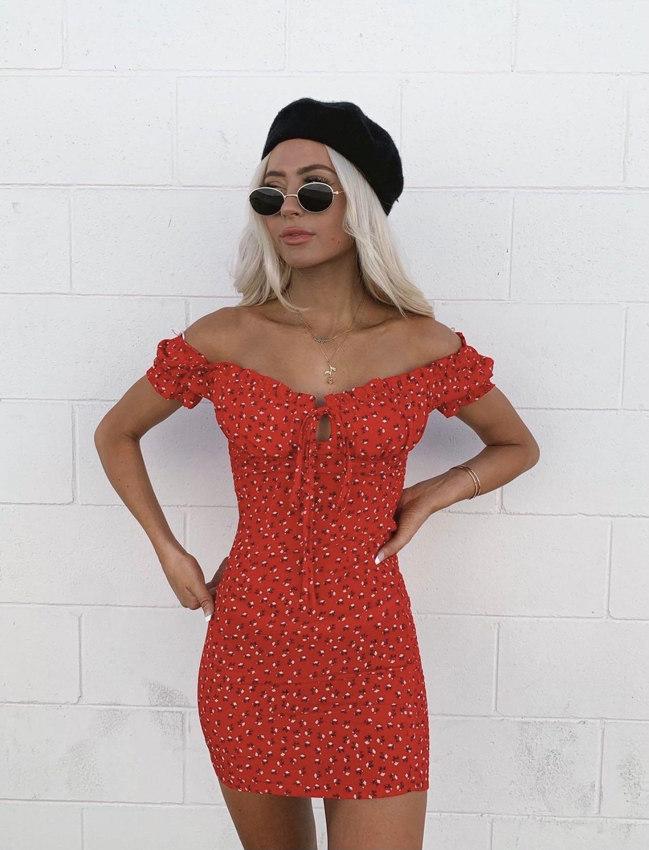 red ditsy floral off shoulder bodycon mini dress Women s Fashion