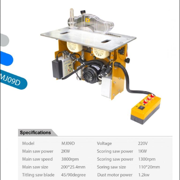 Sliding Panel saw MJ09D (Category: Construction Tools & Equipment) located in Mandaluyong City. Submitted by rescuequipment (Listing ID 1142516386, Image 1). Description: Automatically up and down mini saw working table size：50cmx30cm， thickness：8mmMain saw power：2000W， Main saw speed：3800r/min; Main saw blade dia：out200mm*inner25.4mm*60teeth ，left right bladeScoring saw poer：1450W Scoring saw speed：13000r/min Scoring saw blade dia：out110mm*inner
