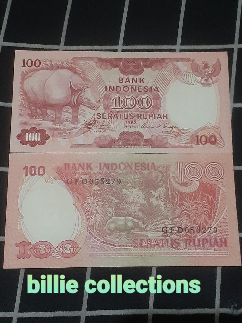Uang kertas kuno 100 rupiah badak jawa tahun LANGKA 1982 UNC MULUS
