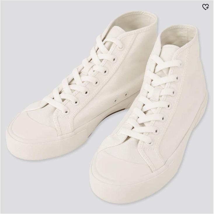 Uniqlo high cut canvas sneakers (Category: Sneakers) located in Angeles City. Submitted by schinina (Listing ID 1142552807, Image 1). Description: Last price posted already! US 7-8 women (25-26cm on measuring tape) With signs of usage and a few washable stains. Very easy to clean Hard to let go 🤧❤️.