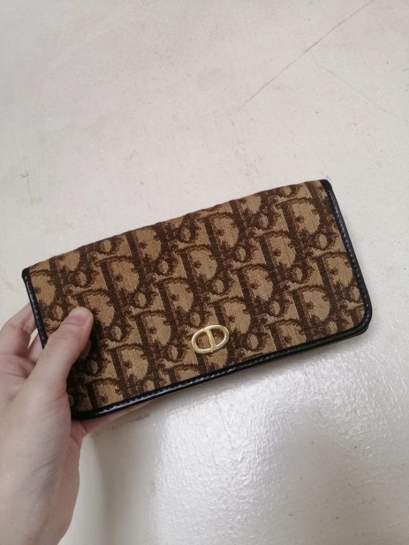 Vintage Original Christian Dior Wallet Oblique Canvas Brown Leather