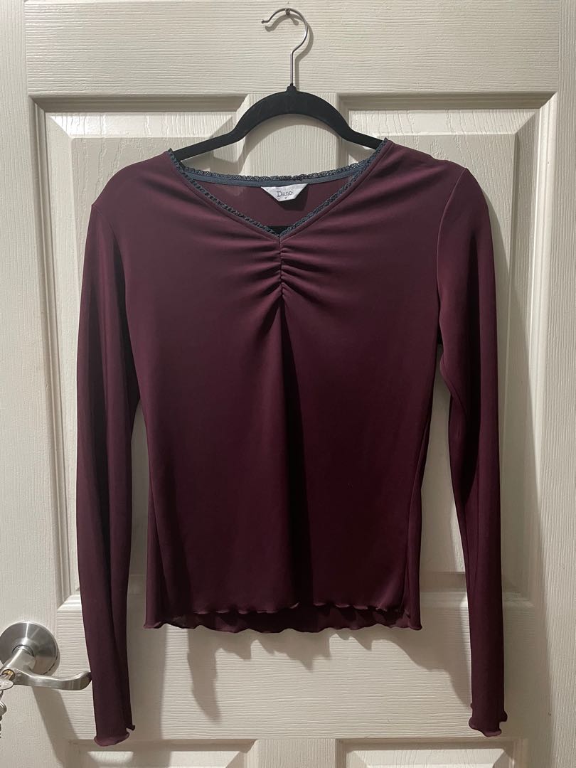 Wine Semi See through Top, Women's Fashion, Tops, Longsleeves on Carousell