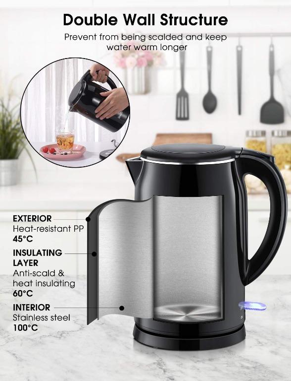 Ea Kettle 1.5L Electric Kettle, Double Wall Hot Water Boiler BPA-Free, Quiet  Boil and Cool Touch Tea Kettle, with Auto Shut-Off & Boil Dry Protection,  1800W Fast Boiling 220v