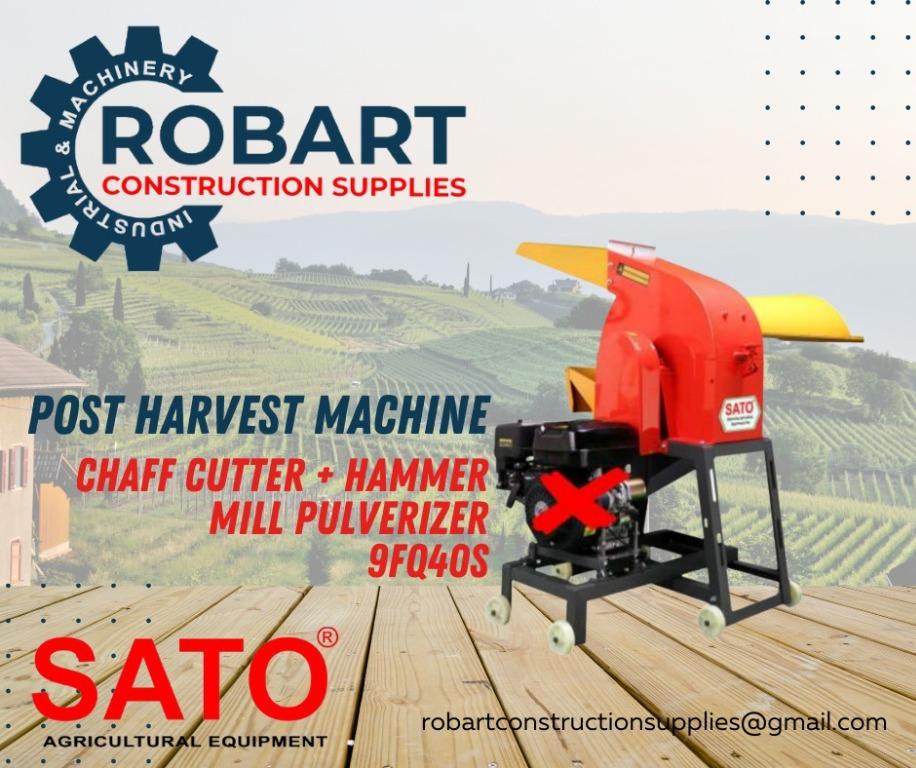 9FQ40S SATO Chaff Cutter+ Hammer Mill Pulverizer (Category: Construction Tools & Equipment) located in Manila. Submitted by bellarobart (Listing ID 1146368531, Image 1). Description: 9FQ40S SATO Chaff Cutter+ Hammer Mill Pulverizer Production Capacity: Cutter 1200 kg/hr Pulverizer 1000 kg/hr Suitable for Cut and crush all kinds of crops No. of Knife Blades: 8 pieces No. of Hammer Blades: 16 pieces Power Required: Electric Motor 3.6 HP (2.6 kW) Ga