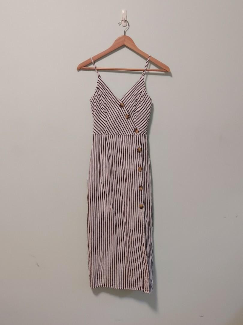 abercrombie button up midi dress Women's Button-Through Midi Shirt Dress in White Stripe | Size XXS TALL