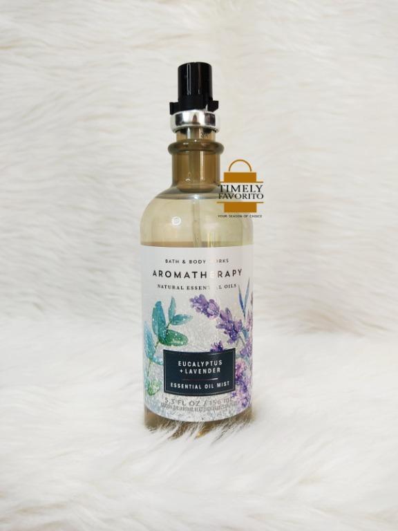 BBW Aromatherapy Eucalyptus Lavender Essential Oil Mist 156ml (Category: Home Fragrance) located in Pasay City. Submitted by timelyfavorito1 (Listing ID 1146450958, Image 1). Description: * Fragrance: Inspired by the coolness of the winter season, enhance your aromatherapy routine with this calming blend of eucalyptus and lavender essential oils. * Overview: Spray a light mist over linens whenever you need to relax & unwind. Allow fabric to dry p