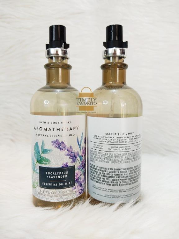 BBW Aromatherapy Eucalyptus Lavender Essential Oil Mist 156ml (Category: Home Fragrance) located in Pasay City. Submitted by timelyfavorito1 (Listing ID 1146450958, Image 3). Description: * Fragrance: Inspired by the coolness of the winter season, enhance your aromatherapy routine with this calming blend of eucalyptus and lavender essential oils. * Overview: Spray a light mist over linens whenever you need to relax & unwind. Allow fabric to dry p