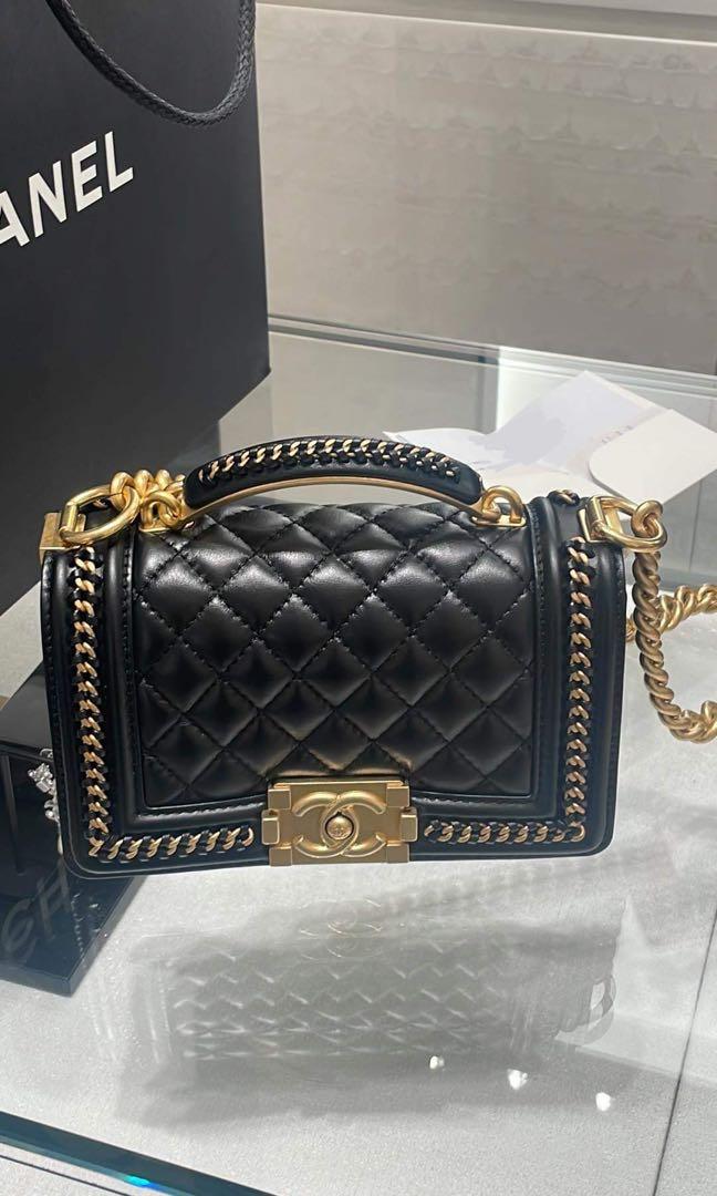 Boy chanel flap bag with handle, Grained shiny calfskin & gold-tone metal,  black — Fashion