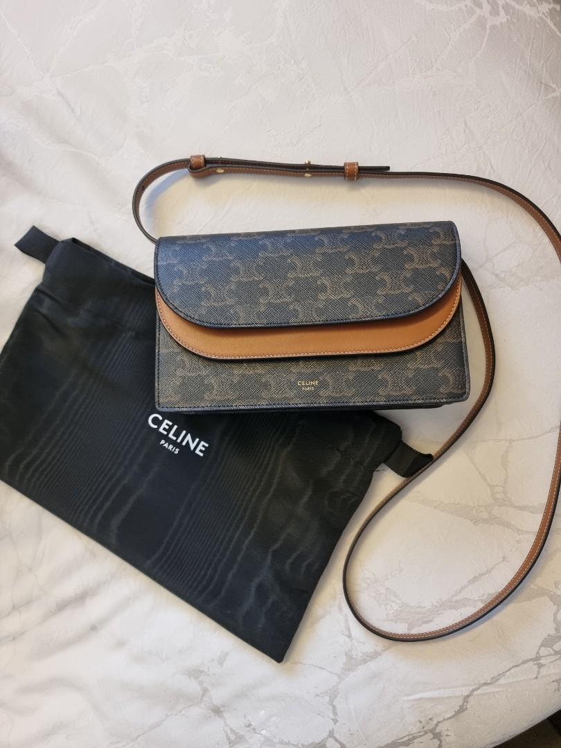 Celine Women Wallet on Strap in Triomphe Canvas and Smooth Lambskin-Tan