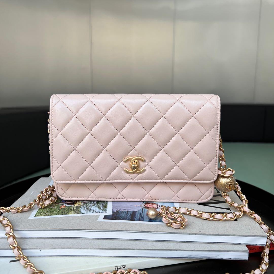 CHANEL Iridescent Caviar Chevron Quilted Wallet On Chain WOC Pink