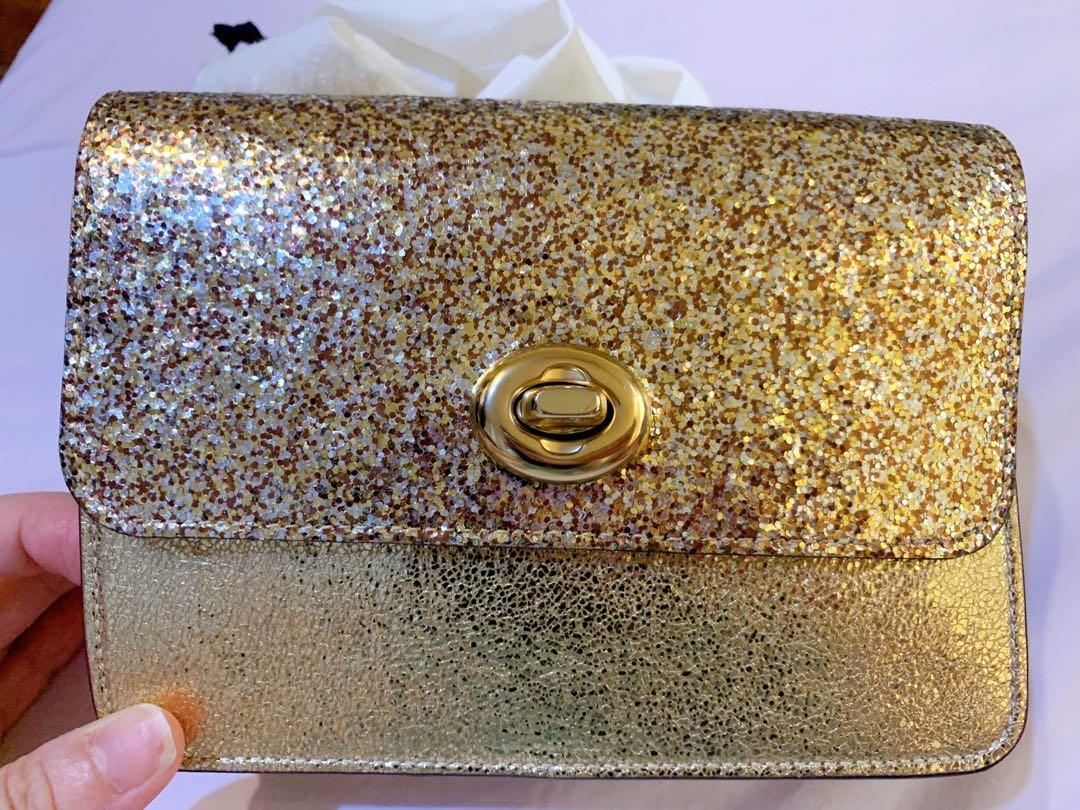 Coach metallic glitter gold Bowery crossbody sling clutch pochette pouch dinner bag not kate spade michael kors coach tory