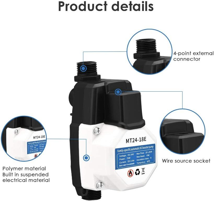 (Fixing Bracket NOT INCLUDED) 75W Water Booster Pump, BITOWAT 24V Full