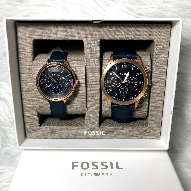 Fossil His Chronograph and Her Multifunction Navy Leather Watch Gift Set
