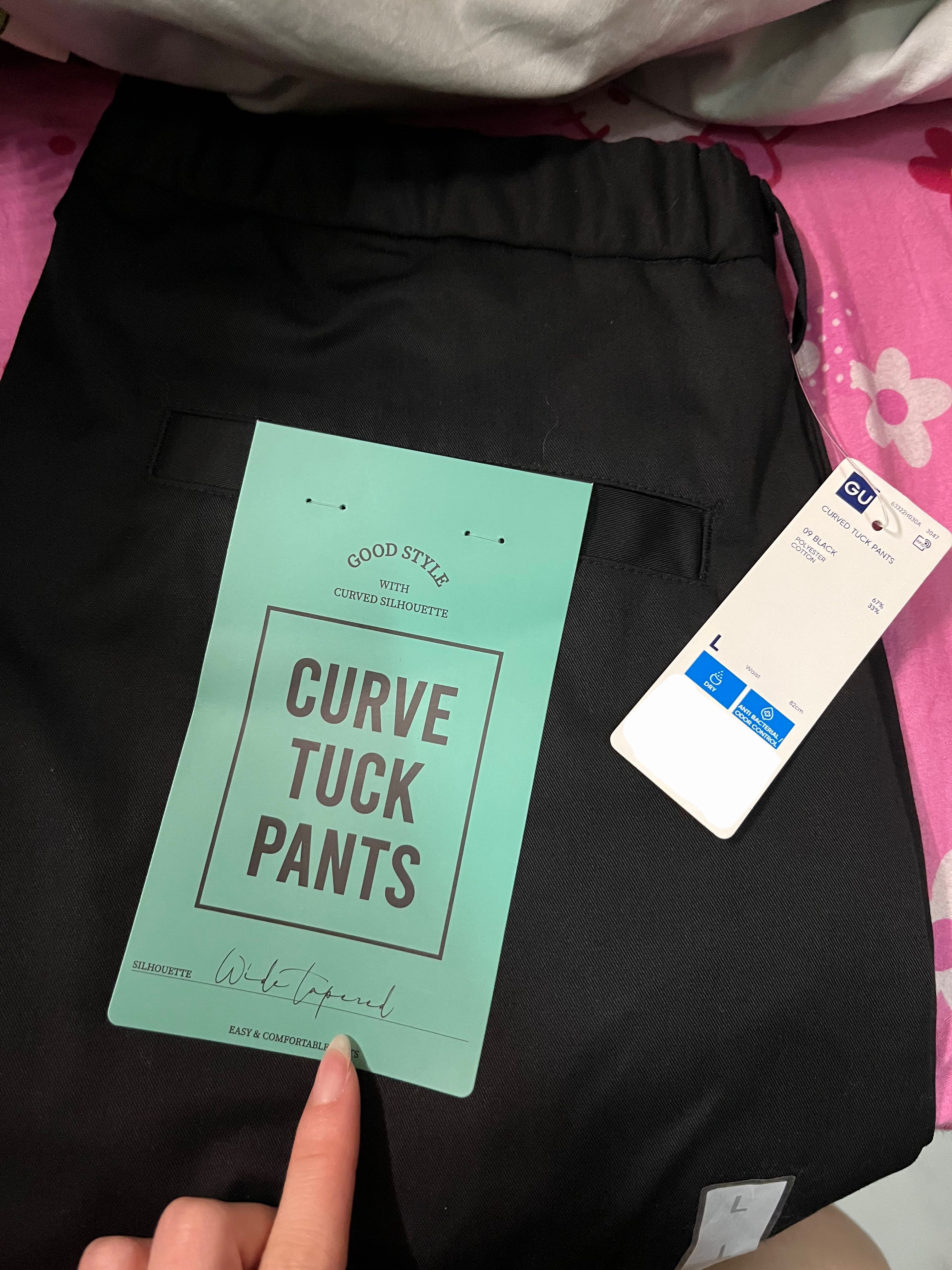 全新)GU黑色Curve Tuck Pants(L size大碼)32-34腰(338515), 男裝, 褲