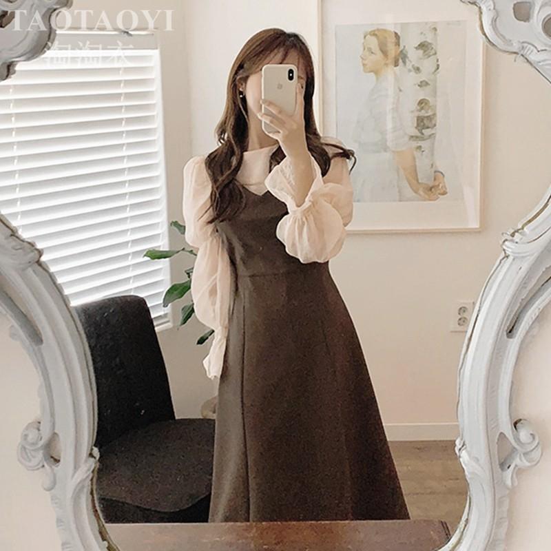 Korean vintage 2 pieces peplum blouse dress 2way Brown women