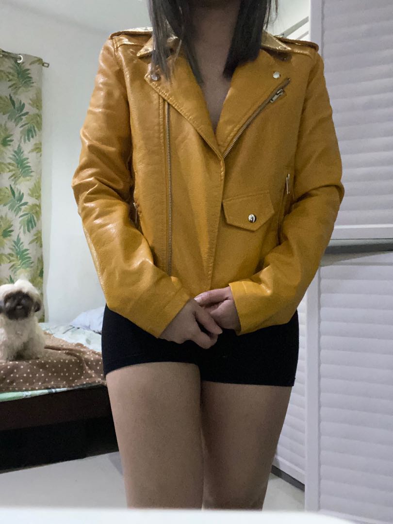 Leather Mustard Motorcycle Jacket, Women's Fashion, Coats, Jackets and