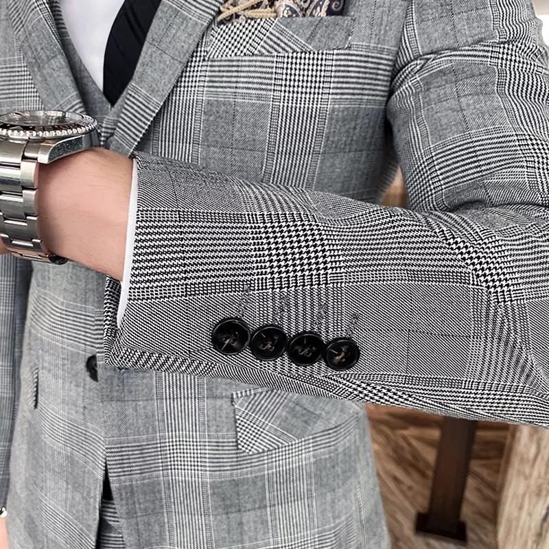 Men grey checkered suit Grey 2 3pc suit QUALITY formal suit jacket blazer top
