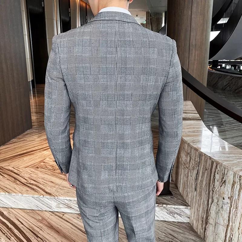 Men grey checkered suit Grey 2 3pc suit QUALITY formal suit jacket blazer top