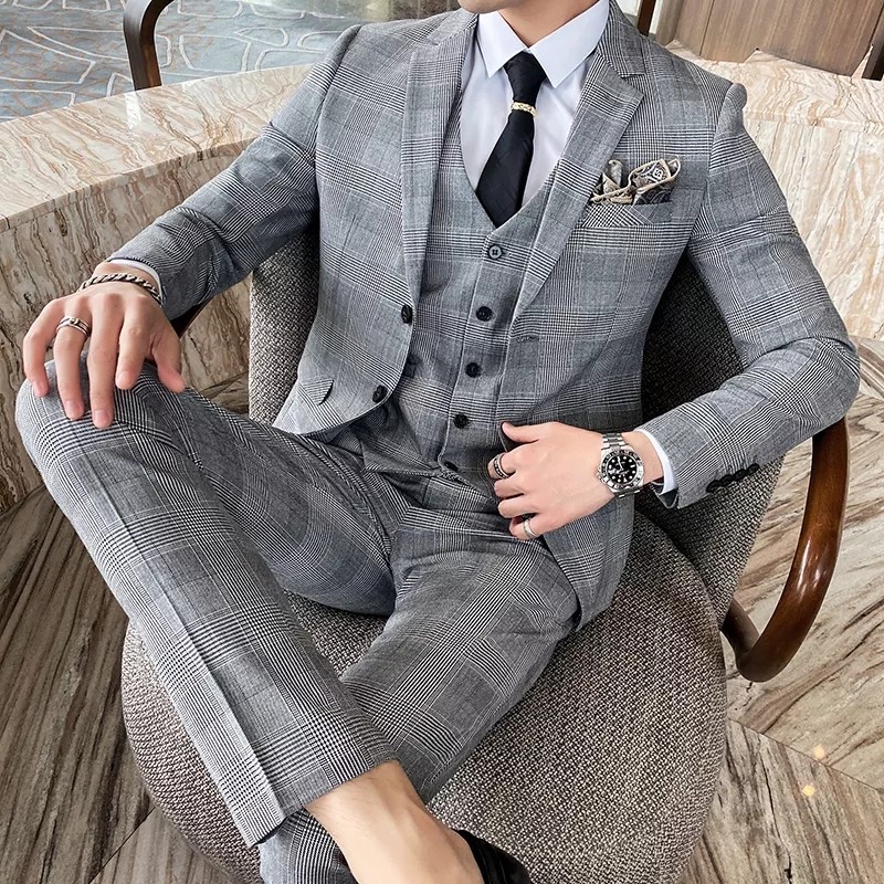 Men grey checkered suit Grey 2 3pc suit QUALITY formal suit jacket blazer top Men s Fashion Coats Jackets and Outerwear on Carousell