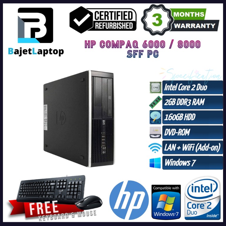 Refurbished Bajet Pc Hp Compaq 6000 8000 Sff Core 2 Duo 2gb Ram 160gb Hdd Win 7 3 Months Warranty Computers Tech Desktops On Carousell