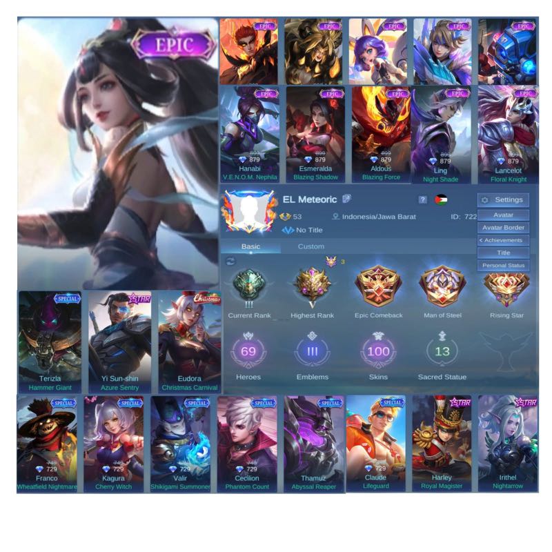 100 Skins Mobile Legend Account 169 69 Heroes 100 Skins 3 Maxed Emblems Epic Limit Guin 