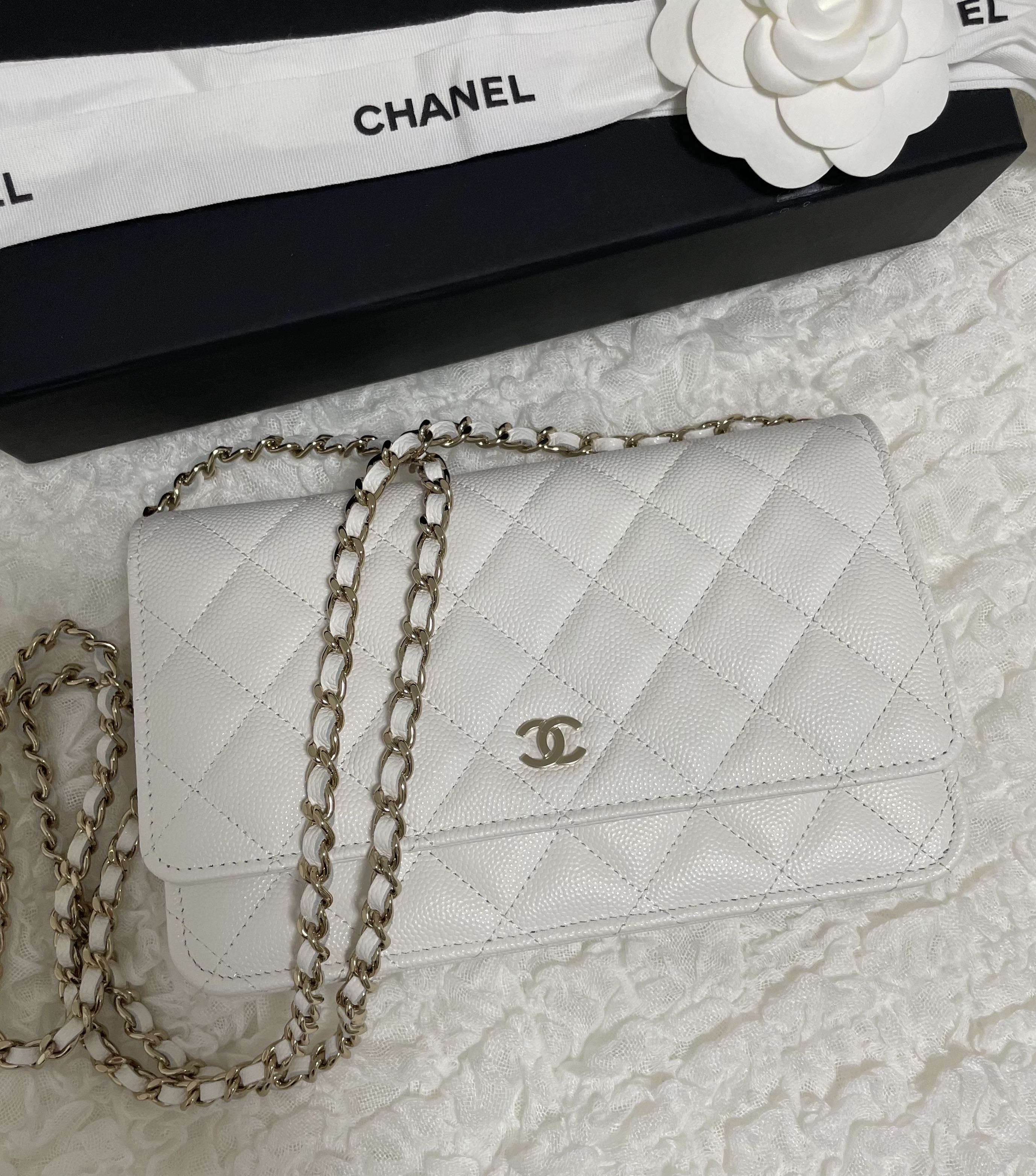 22P Chanel Wallet On Chain (Microchip) White Caviar with Light