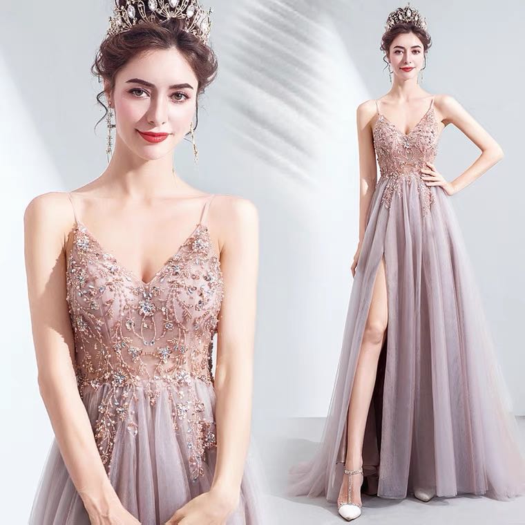 Baby pink illusion tulle wedding gown evening dress Women s